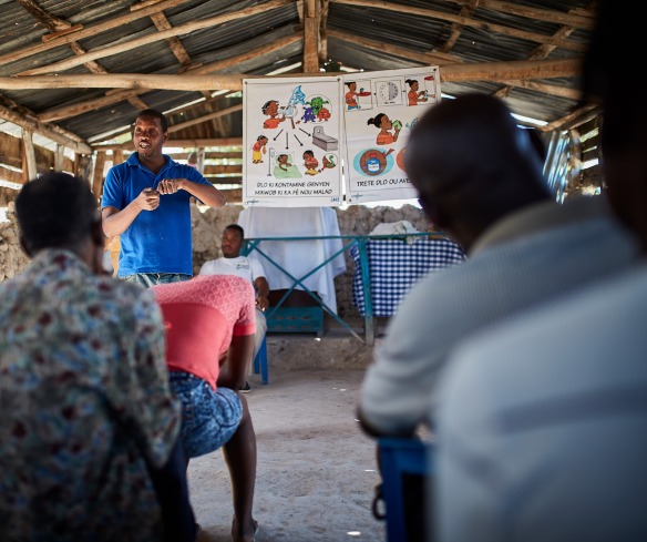 A community session on hygiene in Haiti.