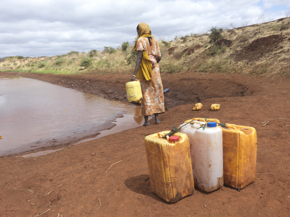 A woman fetches water in a pond, where water levels are very low due to drought.